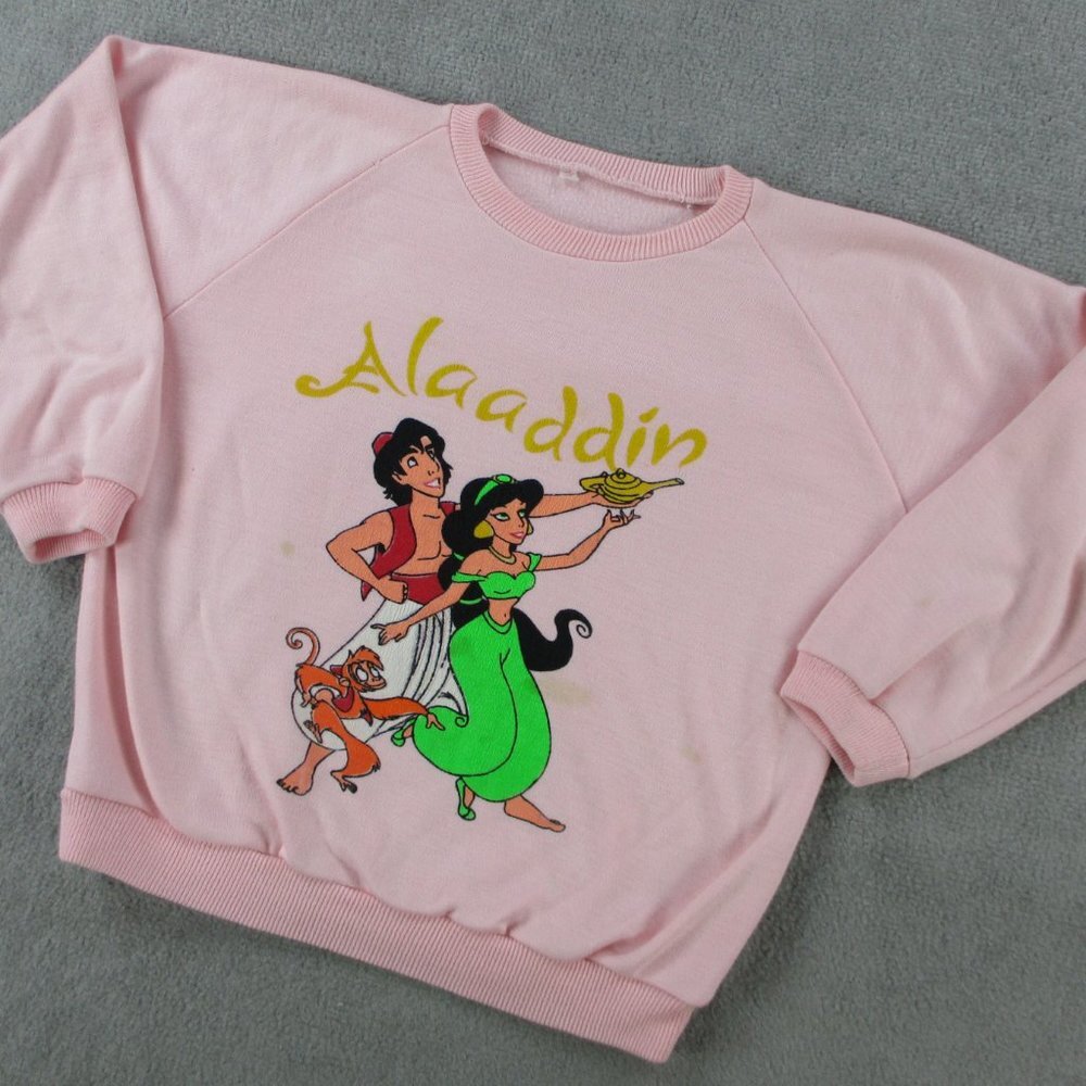 VINTAGE Aladdin Sweater Girls L Pink Genie Lamp Jasmine Monkey Youth Sweatshirt - Picture 2 of 15